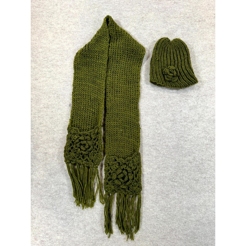 Handmade Knit Beanie Scarf Set Womens Olive Green Floral Crochet Fringe Winter